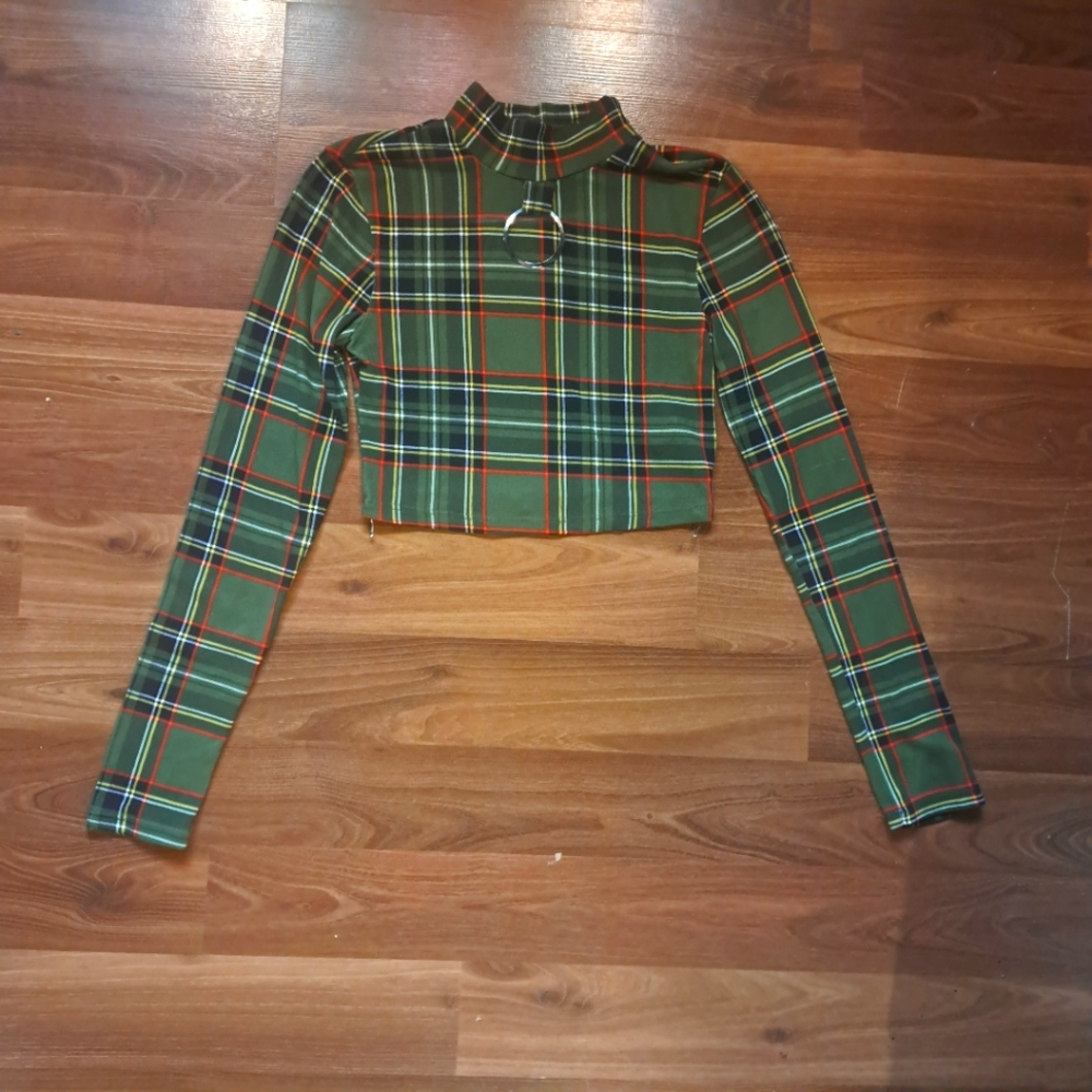 Green plaid mock neck top o ring punk